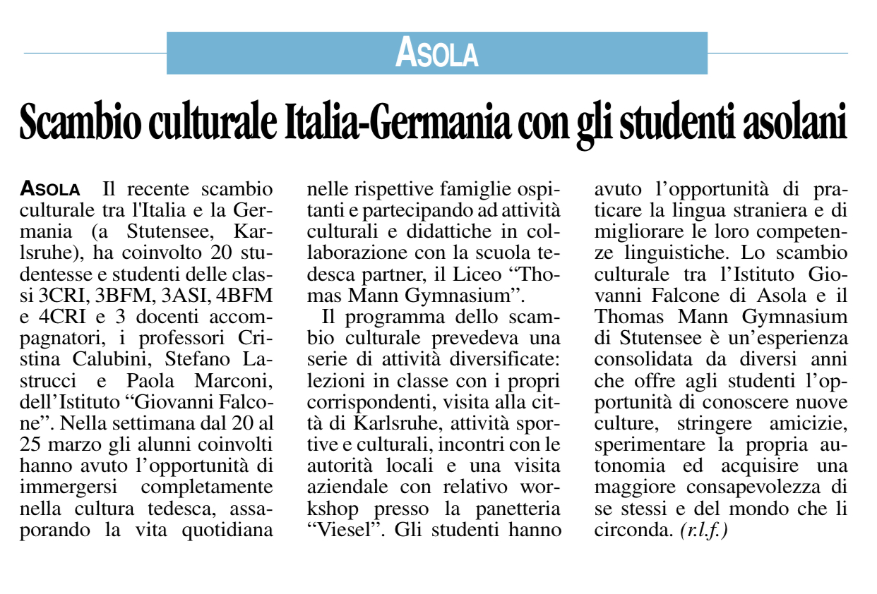 Voce di Mantova Scambio culturale Italia Germania con gli studenti asolani 4 Aprile 2023 IIs Giovanni Falcone