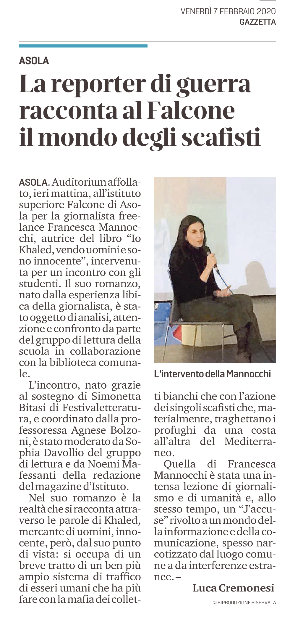 Gazzettadimantova 6febbraio2020 falcone Francesca Mannocchi asola