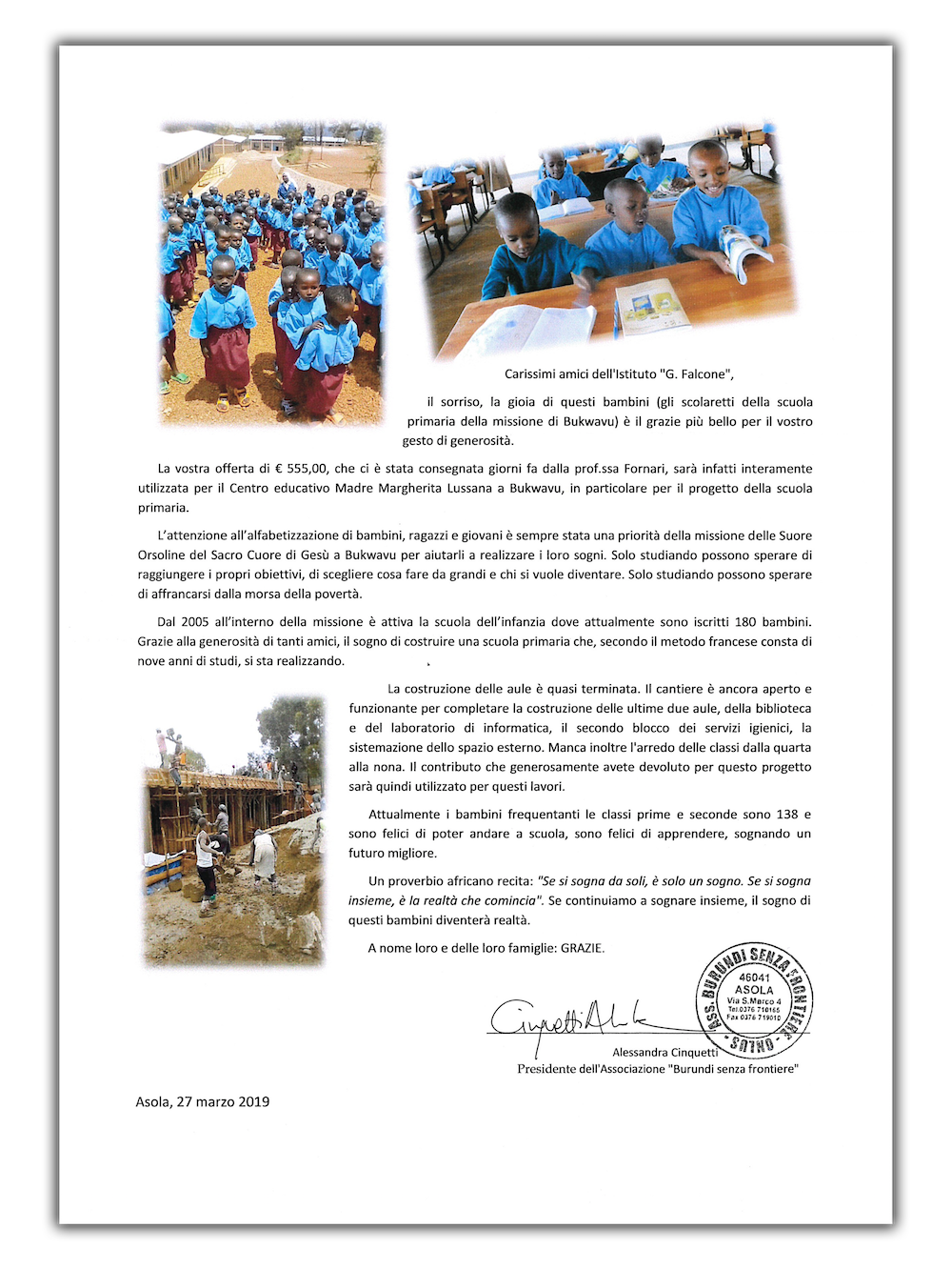 RINGRAZIAMENTI Burundi senza Frontiere 2019 Falcone Asola