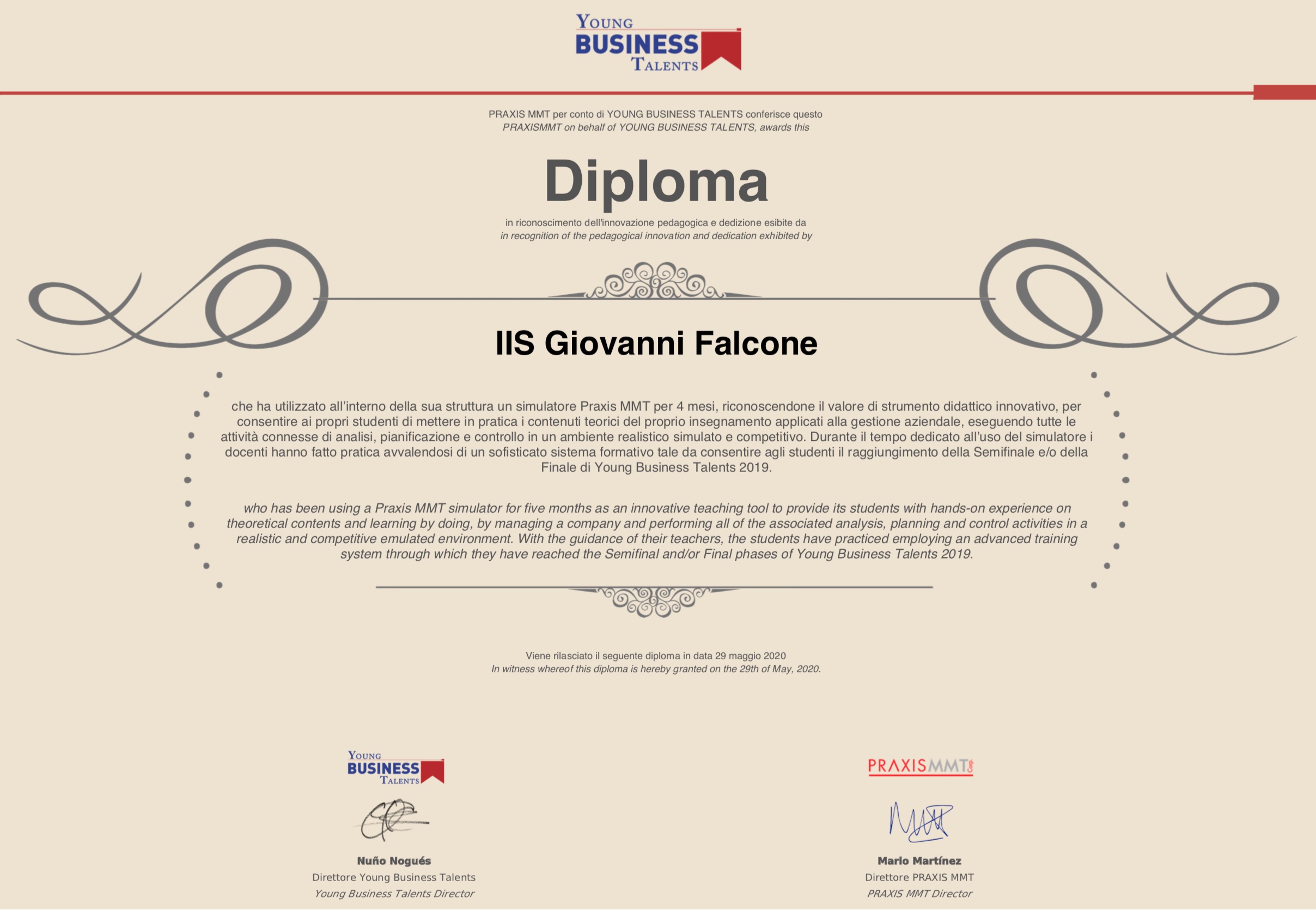 Riconoscimento YoungBusiness Giugno2020